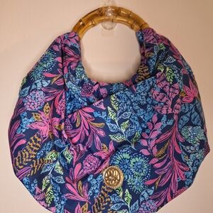 Lilly Pulitzer Floral Bamboo Handle Hobo Bag Navy Pink Blue Tropical Print Gold